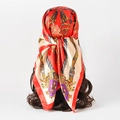 Red 90cm satin silk scarf with baroque floral patterns and royal crest design - One Size / Red