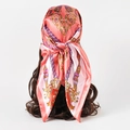 90cm satin silk scarf with vintage baroque print shown styled as a stylish headscarf - One Size / Pink