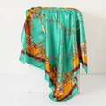 Mint green square silk scarf with gold chain print and orange contrast border - Yellow Green Chain