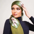 Dark green floral satin headscarf featuring large pink blossoms and elegant silk luster - Green Plum Blossom