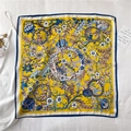 70cm yellow silk square scarf with baroque floral pattern and blue border layout - Fj461-2 / 70*70cm