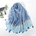 Blue ethnic print scarf with tassel detail and geometric patterns on a white background - Light Blue