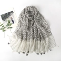 Elegant long cotton scarf with geometric wave and heart prints featuring tassel edges - Light Gray