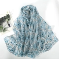 Blue paisley print voile scarf with tassels for sun protection and autumn warmth - Blue
