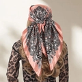 Pink paisley satin silk square scarf worn as a stylish headwrap for women accessory - New Snow Bud Pink