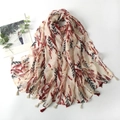 Linen-feel printed scarf with bohemian leaf patterns and decorative fringed edges - Pink