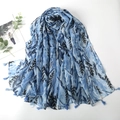 Blue printed scarf with leaf patterns and tassels for women, lightweight cotton feel shawl - Blue
