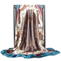 Classic chain and floral print satin silk square scarf 90x90cm in turquoise and brown - Green