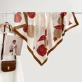 Elegant 90cm twill satin square scarf featuring vintage red floral camellia patterns - Camellia-Milk Tea Color