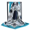 Blue and white satin square scarf with classical rope patterns and elegant floral print - 90*90cm / Light Blue Carriage
