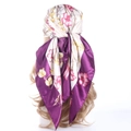 Floral print satin silk square headscarf in purple and cream worn as a stylish headband - 90*90cm / Purple Floral