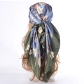Floral print satin silk scarf in blue and olive green worn as a headband wrap - 90*90cm / Green Floral