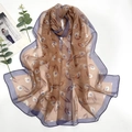 Detail of tulip floral print on georgette silk scarf with purple rolled edge - Tulip Dusty Pink