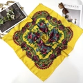 Detailed view of yellow vintage floral square scarf with red poppies and vibrant print - 70x70cm / Gold Metallic Yellow