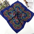 Ethnic navy square scarf with gold thread and red floral print on white background - 70x70cm / Gold Metallic Navy Blue