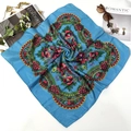 Detail of blue folk style scarf with rose print and shimmering gold thread accents - 70x70cm / Gold Metallic Sky Blue