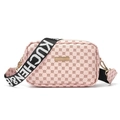 Pink crossbody camera bag with geometric floral print and wide striped shoulder strap - Pink