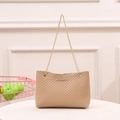 Beige quilted handbag with golden chain strap and chevron stitching detail - Khaki