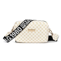 White square camera crossbody bag with golden geometric pattern and black lettered strap - White