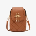 Brown quilted crossbody phone bag with flamingo gold clasp and tassel charm detailing - Tan