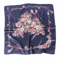 Detailed pattern of a 90cm navy blue satin square scarf with pink floral and tassel prints - 90x90cm / Navy Blue