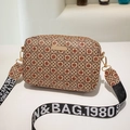 Retro geometric floral crossbody bag with wide black and white printed woven strap - Red