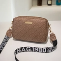 Brown monogram crossbody bag with retro print and wide lettering strap for women - Brown