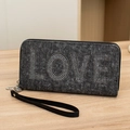 Dark grey denim wallet for women with silver rhinestone LOVE letters and wrist strap - Black