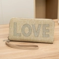 Beige twill fabric long zipper clutch wallet with LOVE rhinestone embellishment - Khaki