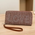 Brown denim wristlet wallet with silver rhinestone LOVE letters and zipper closure - Brown