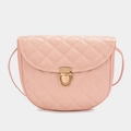 Pink quilted crossbody saddle bag with classic rhombus stitching and gold metal lock closure - Pink