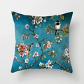 Floral cushion cover with oil painting hummingbird and sparrow on blue background - 45x45CM (No Core) / Blue Oil Painting Flower Bird (TPR044-18)