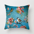 Square cushion cover featuring oil painting bird, pink cherry blossoms and yellow butterfly - 45x45CM (No Core) / Blue Green Titmouse Cherry Blossom (TPR044-16)