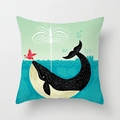 Artistic whale and bird print cushion cover with mint green and sea blue background - Whale and Bird (TPR030-22) / 45x45CM (No Core)