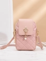 Petit sac bandoulière rose matelassé pour téléphone avec pendentif couronne perle - Rose