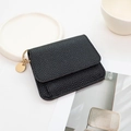 Mini black lychee pattern leather coin purse with golden metal ring and key hook - Black