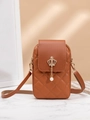 Brown vertical crossbody cell phone bag with diamond quilting and pearl crown charm - Dark Brown