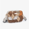 Borsa a tracolla patchwork alla moda in toni della terra con tracolla geometrica su bianco - Grigio