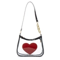 Trendy transparent PVC crossbody bag featuring a red heart pocket and gold chain strap - Black