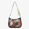 Multicolor geometrische patchwork okseltas met gouden ketting en krokodillenstructuur - Zwart