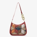 Meerkleurige patchwork schoudertas met Serendipity-logo en gouden ketting - Rood