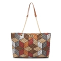 Patchwork bucket bag with crocodile texture and golden swivel lock for women - Brown