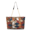 Women's tote bag with colorful geometric patchwork and diamond quilt pattern - Black