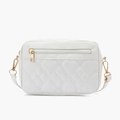 Elegant white quilted crossbody camera bag with gold hardware and front zip pocket - White