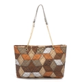 Chic multi-color geometric patchwork tote bag with gold twist lock and chain strap - Gray