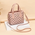 Pink bucket bag with clover pattern and gold hardware on geometric pedestal display - Pink