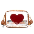Sac bandoulière transparent en PVC avec bordure marron et grand motif de cœur rouge - Marron