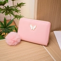 Pink short leather wallet with gold butterfly plaque and fluffy pompom keychain - Pink