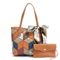 Retro diamond patchwork tote bag in brown and burgundy with matching envelope pouch - Blue Contrast