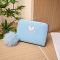 Mini PU leather short wallet in light blue with butterfly metal accent and fur pompom - Blue